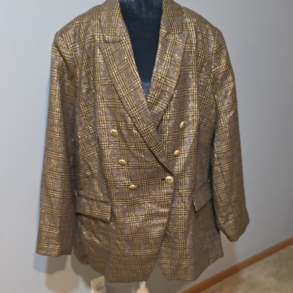 Nine West Brown Plaid Double-Breasted Blazer